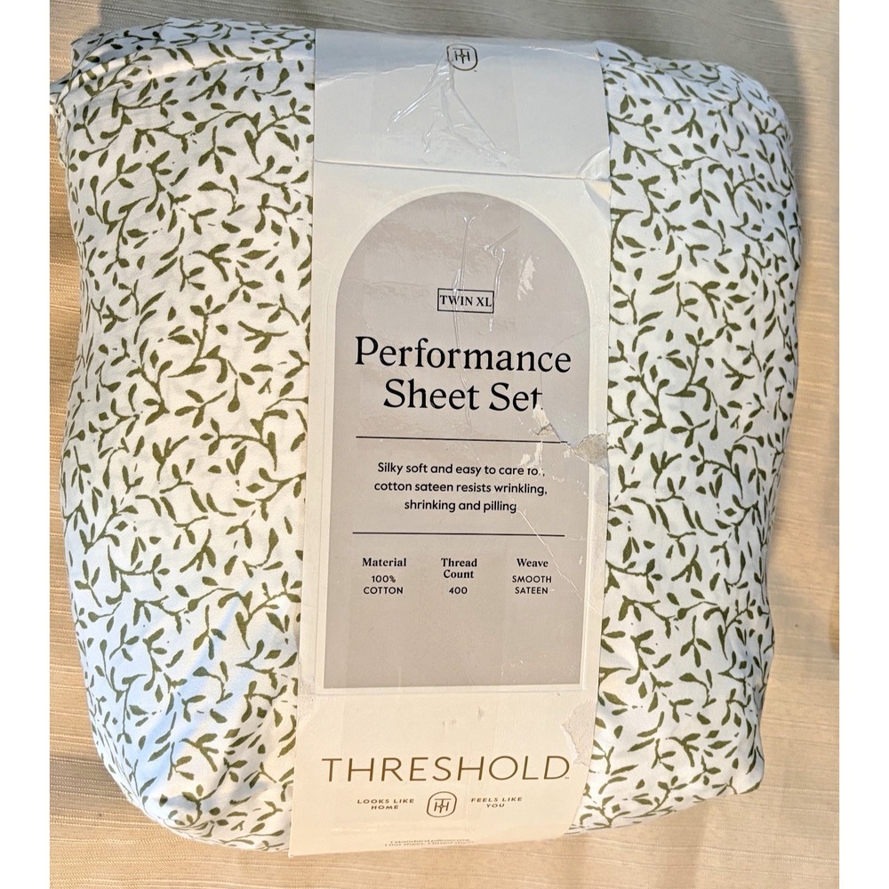 Threshold Cotton Sateen Twin XL Sheet Set - Green Vines - Open Box